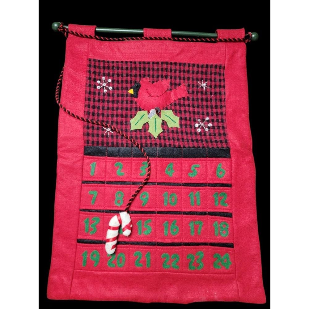 Vintage Felt Christmas Cardinal & Holly Advent Calendar w/ Candy Cane Marker